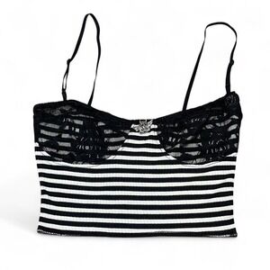 Black and white striped lace crop top with silver angel pendant